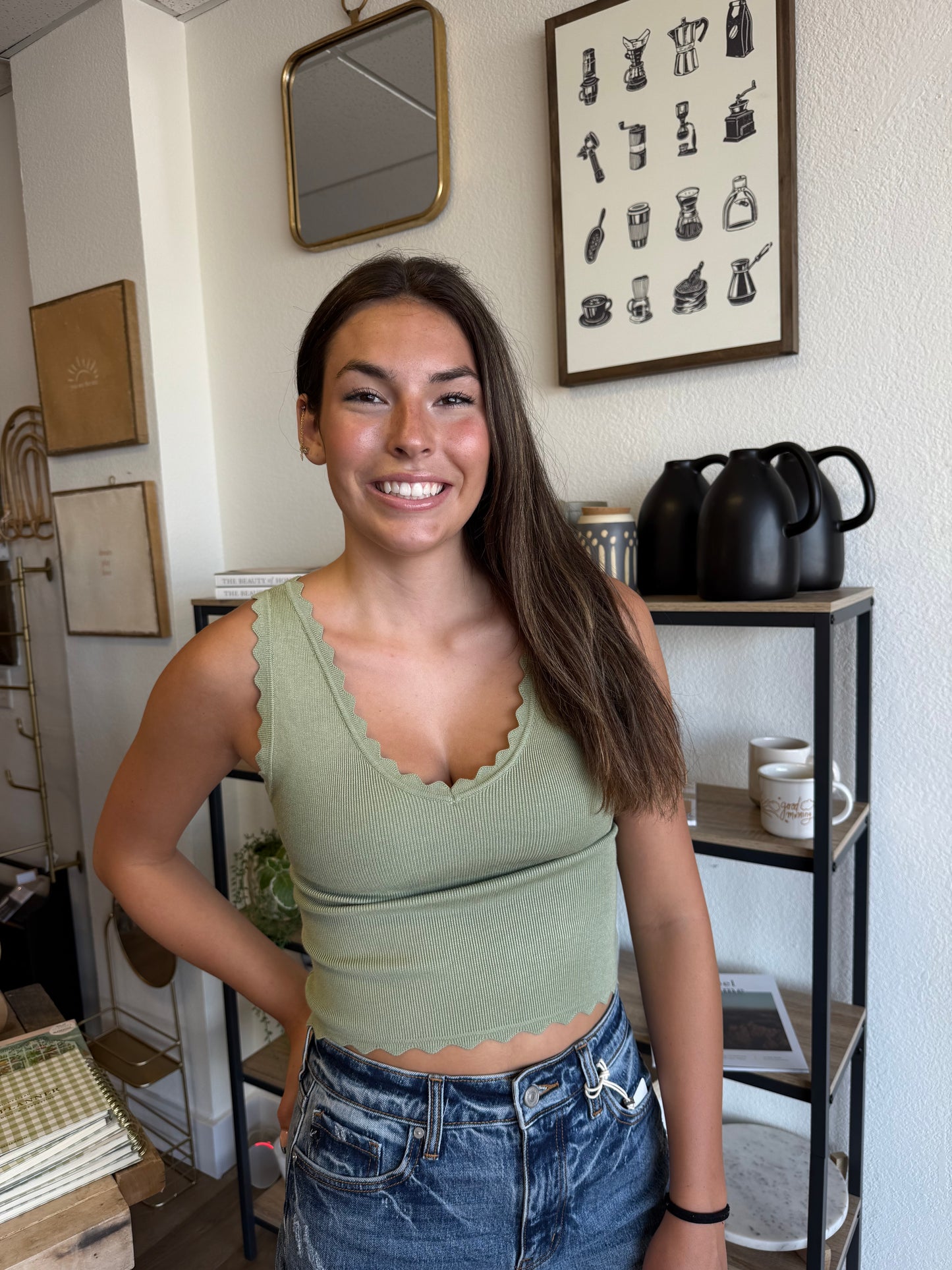 Scalloped Edge Tank - Olive
