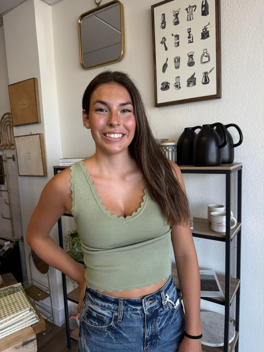 Scalloped Edge Tank - Olive