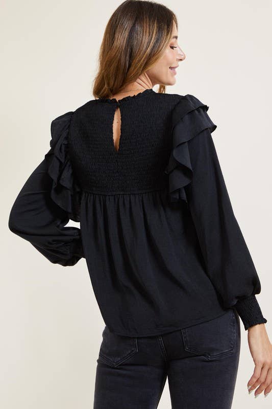 Smocked Ruffle Blouse - Black