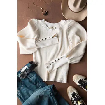 Waffle Knit Crewneck Top - Ivory