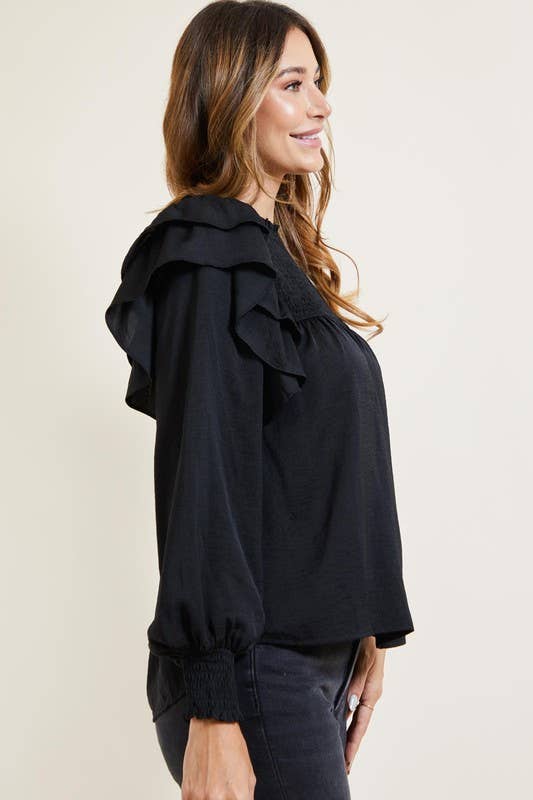 Smocked Ruffle Blouse - Black