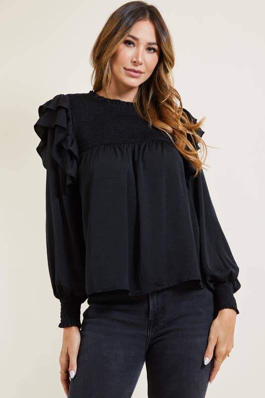 Smocked Ruffle Blouse - Black