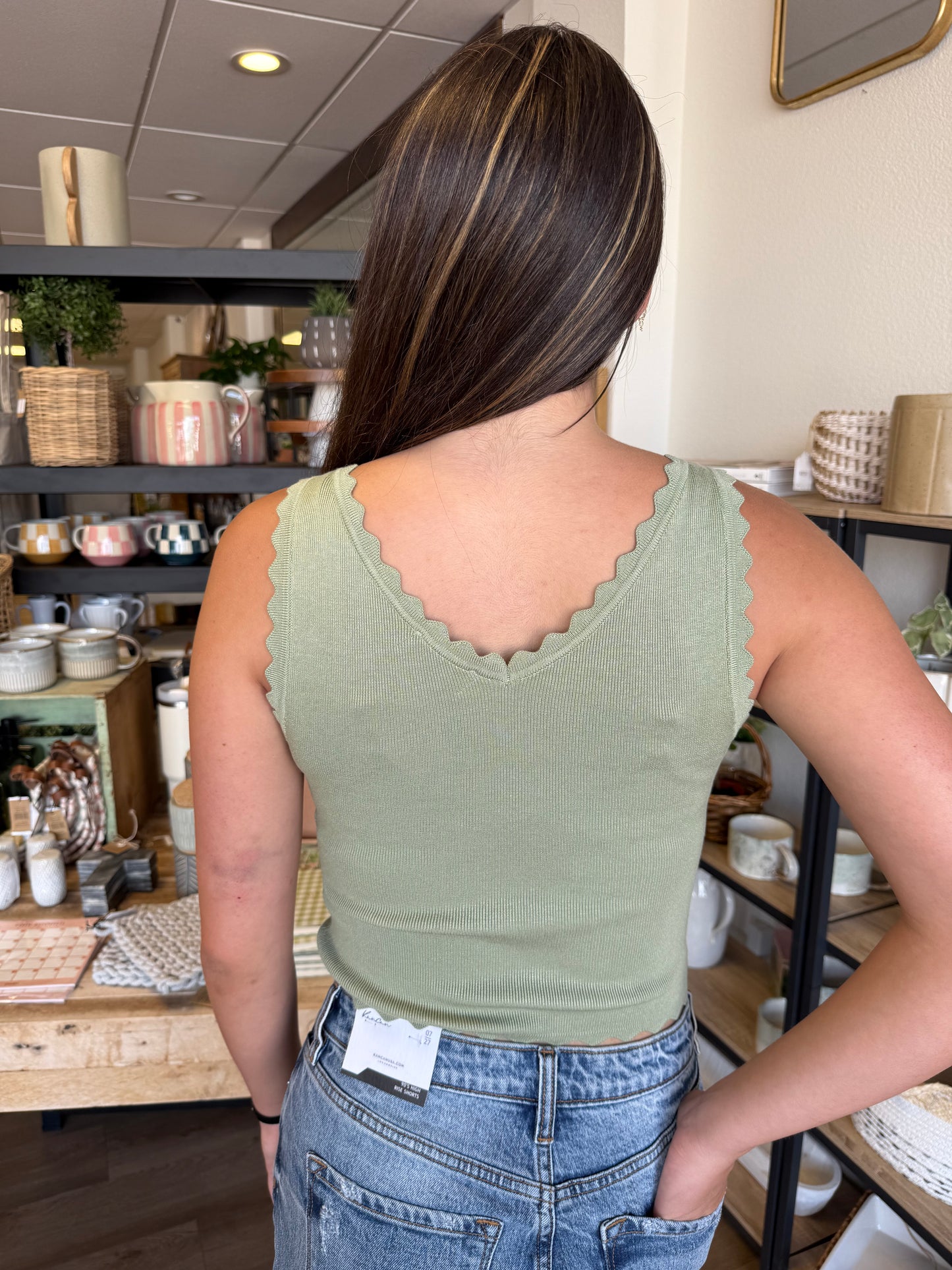 Scalloped Edge Tank - Olive