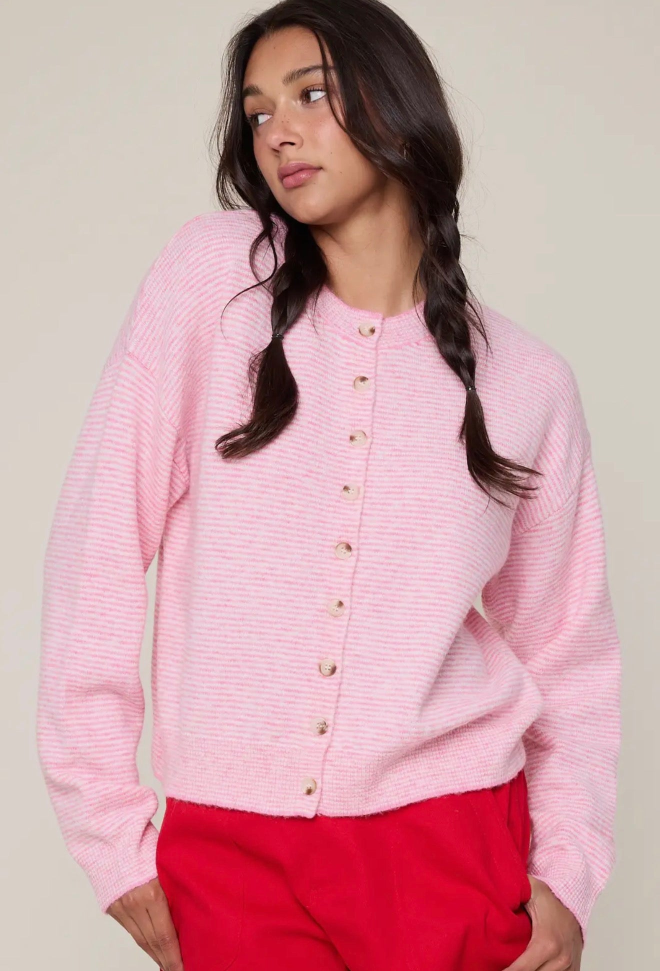 Striped Botton Sweater - Pink