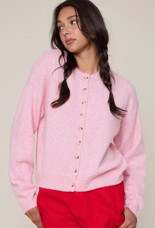 Striped Botton Sweater - Pink