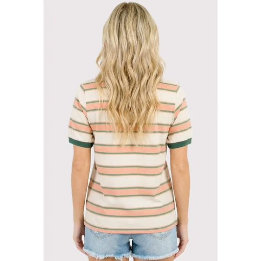 Cotton Striped Top - Coral/Olive