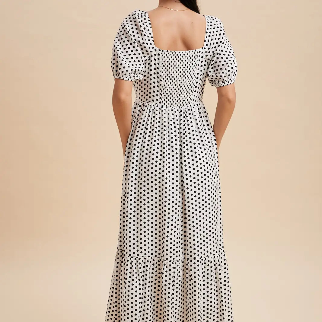 Pleated Polka Dot Maxi Dress